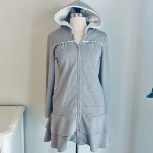 Girls Terrycloth Sherpa Hooded Sweatshirt Dress Ruffle Hem Zip Front Gray, M